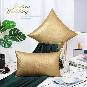 BRAWARM Faux Leather Pillow Covers 18 X 18 Inches, Gold Leather Pillow Covers Pack of 2, Crocodile Leather Decorative Throw Pillows for Living Room Couch Bed Sofa Home