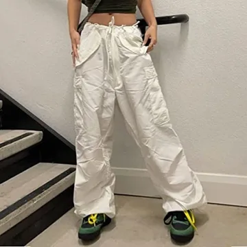 YAHUIUL Women's Apricot Parachute Pants Baggy Cargo Joggers