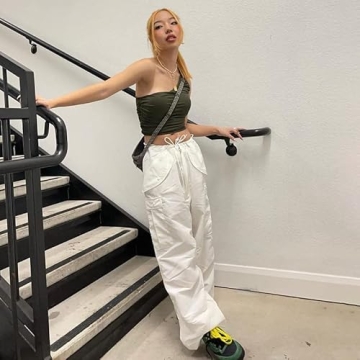 YAHUIUL Women's Apricot Parachute Pants Baggy Cargo Joggers