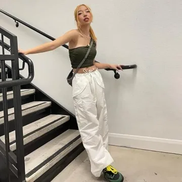 YAHUIUL Women's Apricot Parachute Pants Baggy Cargo Joggers