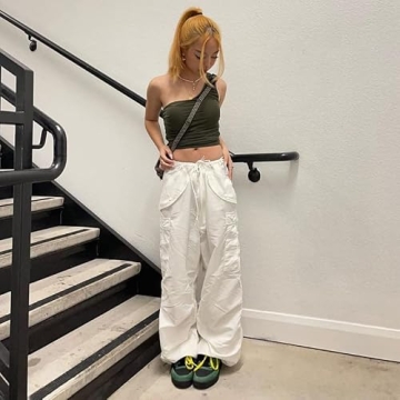 YAHUIUL Women's Apricot Parachute Pants Baggy Cargo Joggers