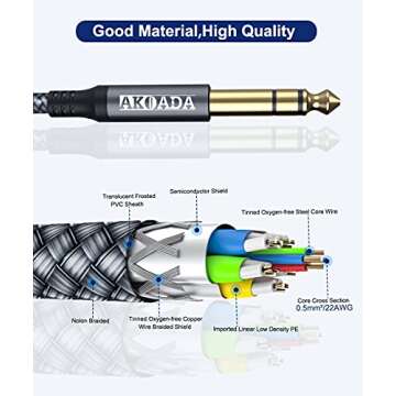 AkoaDa 1/4 Inch TRS Instrument Cable (10ft 2Pack) - Right Angle 6.35mm Male Jack Stereo Audio Interc...