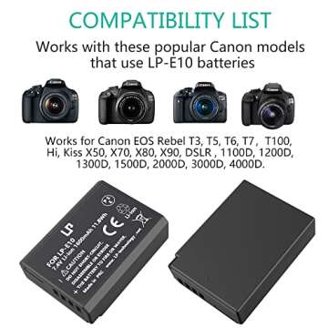 LP LP-E10 Battery Charger Pack, 2-Pack Battery & Charger, Compatible with Canon EOS Rebel T7, T6, T5...