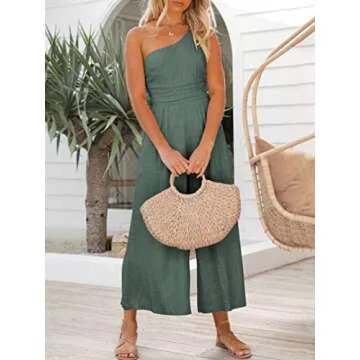 ANRABESS Women's Summer Straps One Shoulder High Waist Dressy Casual Wide Leg Linen Jumpsuit Romper Beach Travel Outfits Gray Blue Medium