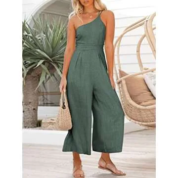 ANRABESS Women's Summer Straps One Shoulder High Waist Dressy Casual Wide Leg Linen Jumpsuit Romper Beach Travel Outfits Gray Blue Medium