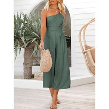 ANRABESS Women's Summer Straps One Shoulder High Waist Dressy Casual Wide Leg Linen Jumpsuit Romper Beach Travel Outfits Gray Blue Medium