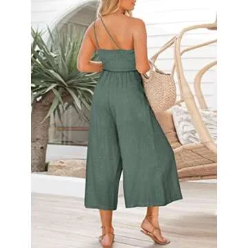 ANRABESS Women's Summer Straps One Shoulder High Waist Dressy Casual Wide Leg Linen Jumpsuit Romper Beach Travel Outfits Gray Blue Medium