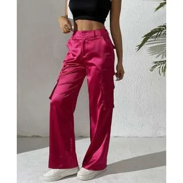 Women's Satin Cargo Wide Leg Pants Silky Party Dressy Casual Pocketed Pant Long Trouser Hot Pink