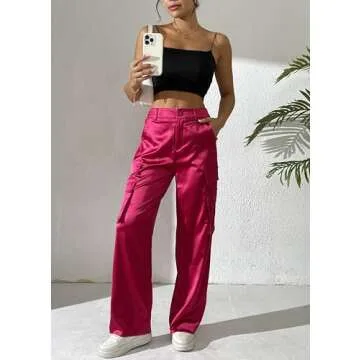 Women's Satin Cargo Wide Leg Pants Silky Party Dressy Casual Pocketed Pant Long Trouser Hot Pink