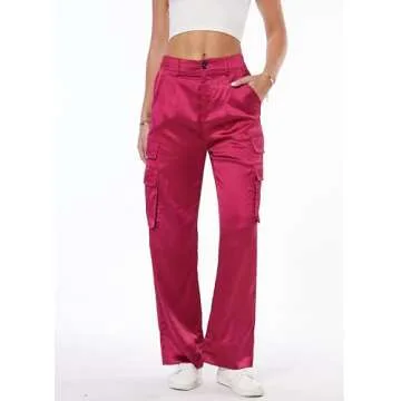 Women's Satin Cargo Wide Leg Pants Silky Party Dressy Casual Pocketed Pant Long Trouser Hot Pink