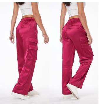 Women's Satin Cargo Wide Leg Pants Silky Party Dressy Casual Pocketed Pant Long Trouser Hot Pink