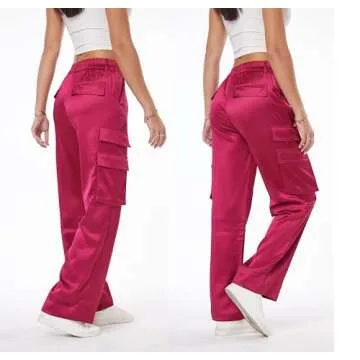 Women's Satin Cargo Wide Leg Pants Silky Party Dressy Casual Pocketed Pant Long Trouser Hot Pink