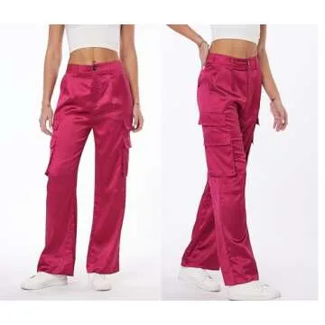 Women's Satin Cargo Wide Leg Pants Silky Party Dressy Casual Pocketed Pant Long Trouser Hot Pink
