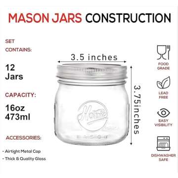 Tebery 6 Pack Wide Mouth Home Glass Mason Jars with Airtight Lids and Bands, 16Oz Canning Glass Jars...