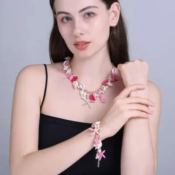 RUOFFETA Shell Starfish Necklace Bracelet Conch Statement Chunky Necklace Mermaid Costume Jewelry Beach Jewelry for Women(Necklace Hot Pink)