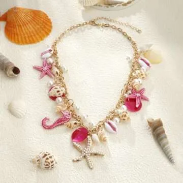 RUOFFETA Shell Starfish Necklace Bracelet Conch Statement Chunky Necklace Mermaid Costume Jewelry Beach Jewelry for Women(Necklace Hot Pink)