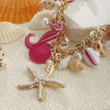 RUOFFETA Shell Starfish Necklace Bracelet Conch Statement Chunky Necklace Mermaid Costume Jewelry Beach Jewelry for Women(Necklace Hot Pink)