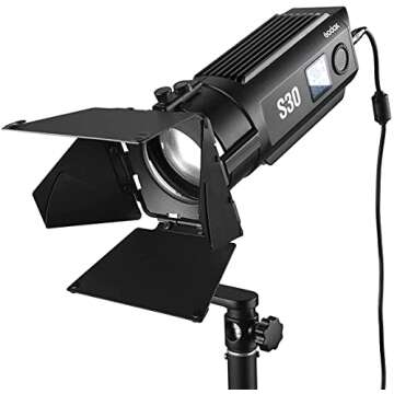 Godox S30 30W Focusing LED Continuous Adjustable Light Spotlight with Barn Door,NP970 Battery for Professional Photography for Film and Video Production/Still Life Shooting/Wedding Shooting