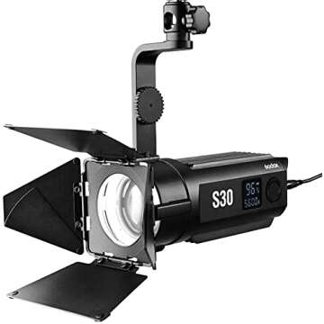 Godox S30 30W Focusing LED Continuous Adjustable Light Spotlight with Barn Door,NP970 Battery for Professional Photography for Film and Video Production/Still Life Shooting/Wedding Shooting