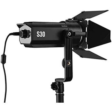 Godox S30 30W Focusing LED Continuous Adjustable Light Spotlight with Barn Door,NP970 Battery for Professional Photography for Film and Video Production/Still Life Shooting/Wedding Shooting