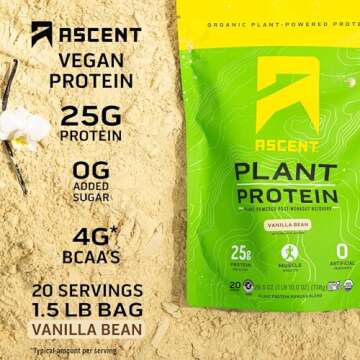 Ascent Plant Based Protein Powder - Non Dairy Vegan Protein with 25g Protein, Zero Sugar, 4g BCAA - ...