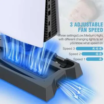 PS5 / PS5 Slim Stand and Cooling Station with Dual Controller Charging Station for PlayStation 5 Console, PS5 Accessories Incl. Controller Charger, Cooling Fan, Headset Holder, 3 USB Hub, Screw-Black