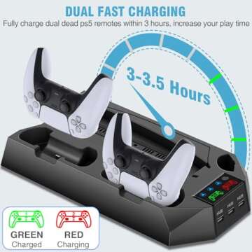 PS5 / PS5 Slim Stand and Cooling Station with Dual Controller Charging Station for PlayStation 5 Console, PS5 Accessories Incl. Controller Charger, Cooling Fan, Headset Holder, 3 USB Hub, Screw-Black