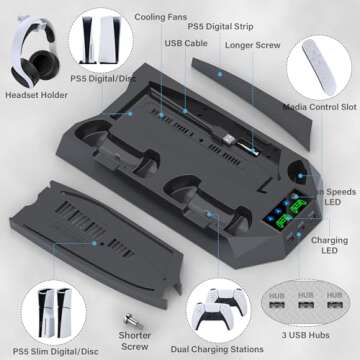 PS5 / PS5 Slim Stand and Cooling Station with Dual Controller Charging Station for PlayStation 5 Console, PS5 Accessories Incl. Controller Charger, Cooling Fan, Headset Holder, 3 USB Hub, Screw-Black