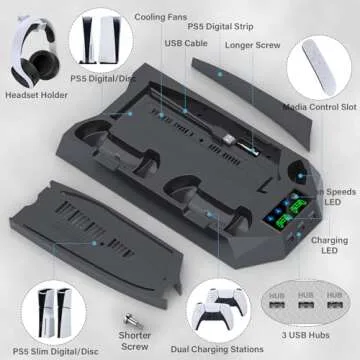 PS5 / PS5 Slim Stand and Cooling Station with Dual Controller Charging Station for PlayStation 5 Console, PS5 Accessories Incl. Controller Charger, Cooling Fan, Headset Holder, 3 USB Hub, Screw-Black