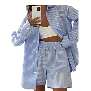 SAFRISIOR Women’s 2 Piece Casual Tracksuit Outfit Sets Stripe Long Sleeve Shirt And Loose High Waisted Mini Shorts Set