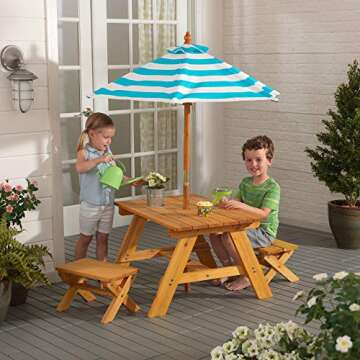 KidKraft Outdoor Wooden Table & Bench Set with Striped Umbrella, Children's Backyard Furniture, Turq...