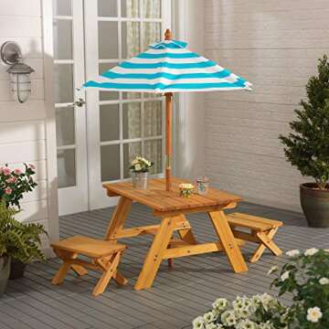 KidKraft Outdoor Wooden Table & Bench Set with Striped Umbrella, Children's Backyard Furniture, Turquoise and White