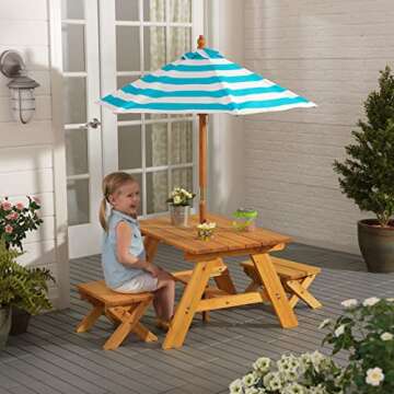 KidKraft Outdoor Wooden Table & Bench Set with Striped Umbrella, Children's Backyard Furniture, Turquoise and White