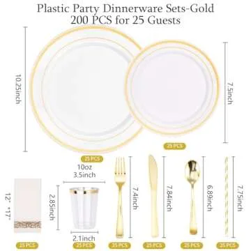ISFANGCO 200 PCS Gold Dinnerware Set for 25 Guests,Gold Rimmed White Heavy Duty Plastic Disposable P...