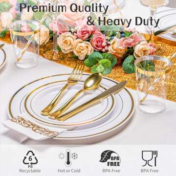 ISFANGCO 200 PCS Gold Dinnerware Set for 25 Guests,Gold Rimmed White Heavy Duty Plastic Disposable Plates for Party Wedding with Napkins,25 Dinner Plates,Dessert Plates,Spoons,Forks,Knives,Cups,Straws