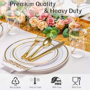 ISFANGCO 200 PCS Gold Dinnerware Set for 25 Guests,Gold Rimmed White Heavy Duty Plastic Disposable Plates for Party Wedding with Napkins,25 Dinner Plates,Dessert Plates,Spoons,Forks,Knives,Cups,Straws