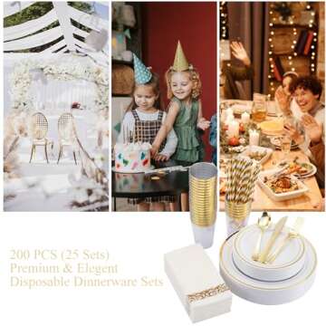 ISFANGCO 200 PCS Gold Dinnerware Set for 25 Guests,Gold Rimmed White Heavy Duty Plastic Disposable Plates for Party Wedding with Napkins,25 Dinner Plates,Dessert Plates,Spoons,Forks,Knives,Cups,Straws