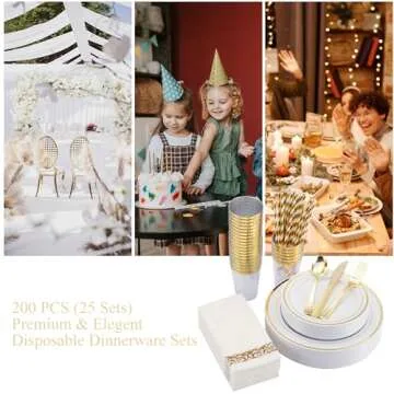 ISFANGCO 200 PCS Gold Dinnerware Set for 25 Guests,Gold Rimmed White Heavy Duty Plastic Disposable Plates for Party Wedding with Napkins,25 Dinner Plates,Dessert Plates,Spoons,Forks,Knives,Cups,Straws