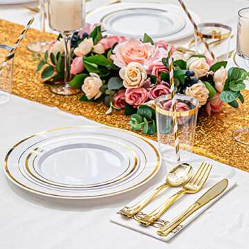 ISFANGCO 200 PCS Gold Dinnerware Set for 25 Guests,Gold Rimmed White Heavy Duty Plastic Disposable Plates for Party Wedding with Napkins,25 Dinner Plates,Dessert Plates,Spoons,Forks,Knives,Cups,Straws