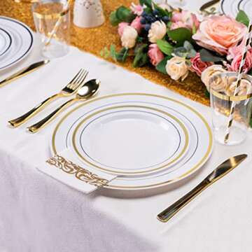 ISFANGCO 200 PCS Gold Dinnerware Set for 25 Guests,Gold Rimmed White Heavy Duty Plastic Disposable Plates for Party Wedding with Napkins,25 Dinner Plates,Dessert Plates,Spoons,Forks,Knives,Cups,Straws