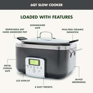 GreenPan Elite 8-in-1 Programmable 6QT Electric Slow Cooker, Dishwasher Safe Lid & Removable Crock, PFAS-Free Healthy Ceramic Nonstick Multi-Cooker, Sear,Sauté/Brown,Steam Basket,Roast, Graphite