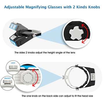 Dilzekui Headband Magnifier with LED Light, Rechargeable Head Mount Magnifier 1.5X to 3.5X, Opitcal Magnifying Glass with Lens, Jewelers Magnifying Glasses Headset Magnifier for Close Work
