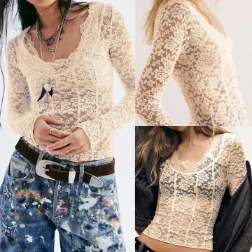 Yeokou Women Sheer Lace Long Sleeve Top