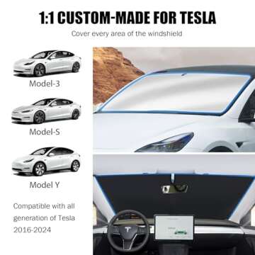 Carautomust Windshield Sun Shade for Tesla Model 3/Y Car - 2024 2023-2016, 300T Premium Sunshade W/Front Windows Heat Shield Tesla Accessories, Interior Sun Visor Cover Blocker for Dash Screen