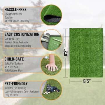 Ottomanson Artificial Grass Turf 5'3" x 8'2" Indoor Outdoor Faux Grass Rug with Drainage Holes, Cust...