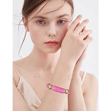 LALAPPLE Gold Plated Beaded Acrylic Bamboo Tube Bangle Bracelets for Women, Colorful Chunky Curved Tube With Gold Pieces Beads Stretch Bracelet Friendship Summer Beach Jewelry (M-Watermelon red)