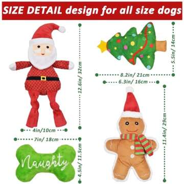 LECHONG Christmas Dog Toy, 4pcs Dog Squeaky Toy, Stuffed Dog Toys for Teething & Chewing, Tough Dog Toys Xmas Gift Toy Bundle Santa Dog Toys for Large Dogs, Small Puppy Dog Toys