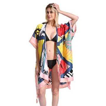 Women Floral Kimono Swimsuit Cover Up Cardigan - Long Chiffon Print Swimwear Beach Bathing Bikini Coverup Boho Batwing Loose Tops Outwear Kimono Dress Plus Size Loose Sleeve Shawl