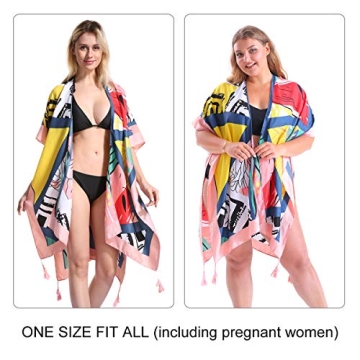 Women Floral Kimono Swimsuit Cover Up Cardigan - Long Chiffon Print Swimwear Beach Bathing Bikini Coverup Boho Batwing Loose Tops Outwear Kimono Dress Plus Size Loose Sleeve Shawl