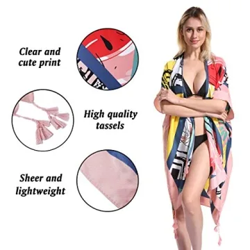 Women Floral Kimono Swimsuit Cover Up Cardigan - Long Chiffon Print Swimwear Beach Bathing Bikini Coverup Boho Batwing Loose Tops Outwear Kimono Dress Plus Size Loose Sleeve Shawl
